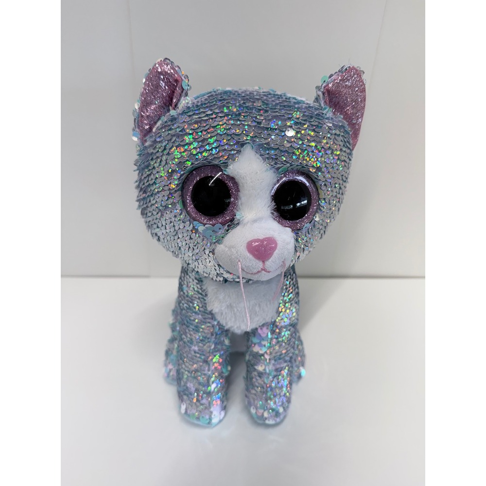 Ty Flippable Beanie Boos Whimsy the Cat Silver Iridescent Sequin‎ Plush 10 Inch
